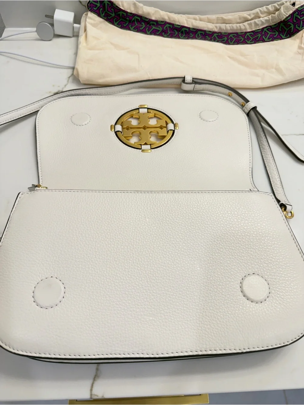 Tory Burch White Leather Crossbody with Gold Emblem